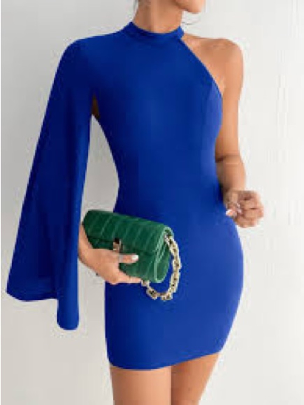 Blue One-Shoulder Bodycon Dress with Draped Sleeve
